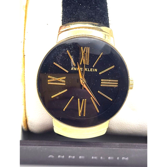 ANNE KLEIN Diamond Collection Watch Black Leather Band Black Dial Gold Letters - Picture 12 of 12